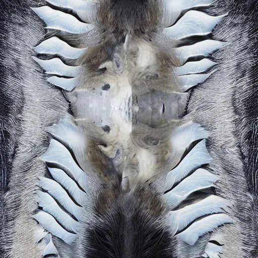 Image similar to a portrait photo of a merged bird wolf morphing human watching mirror in a mirror in animal skin leather, grown together mirror reflection with spotted fur gills reflecting orca rhino scales, merged mirror reflection wires electronic ivy roots, morphing water drippings ice