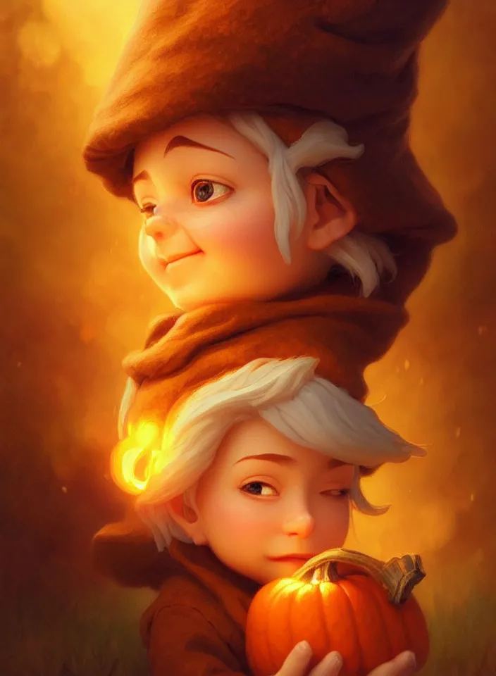 Image similar to hand drawn cute one gnomes face in autumn and pumpkin, detailed closeup face, concept art, low angle, high detail, warm lighting, volumetric, godrays, vivid, beautiful, trending on artstation, art by artgerm and greg rutkowski and alphonse mucha