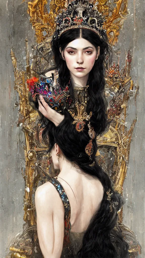 Image similar to painting of a beautiful black haired woman with pale skin and a crown on her head sitted on an intricate metal throne, illustration, artistic, colorful, hyper detailed, in the style of greg rutkowski,