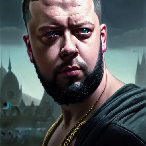 Image similar to portrait painting of a kollegah the rapper michael sheen, ultra realistic, concept art, intricate details, eerie, highly detailed, photorealistic, octane render, 8 k, unreal engine. art by artgerm and greg rutkowski and charlie bowater and magali villeneuve and alphonse mucha