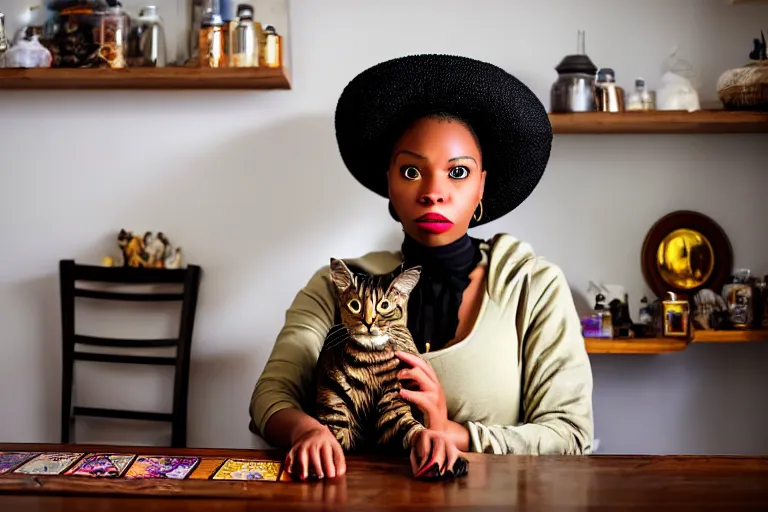 Image similar to 2 0 2 2 photo, close up portrait, dramatic lighting, concentration, calm confident african american teen witch and her cat, tarot cards displayed on the table in front of her, sage smoke, magic wand, a witch hat and cape, apothecary shelves in the background, alphonse mucha