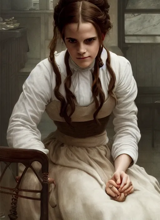 Prompt: portrait emma watson as maid in the kitchen, full length shot, shining, 8k highly detailed, sharp focus, illustration, art by artgerm, mucha, bouguereau