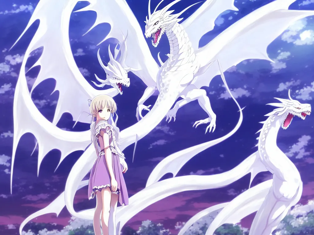 Image similar to anime art full body portrait character concept art, be surrounded by a huge silver white dragon center, in white clouds fairyland, anime key visual of white dragon and girl, finely detailed perfect face delicate, raphael lacoste, trending on pixiv fanbox, james jean, violet evergarden, studio ghibli, xision, extremely high quality artwork