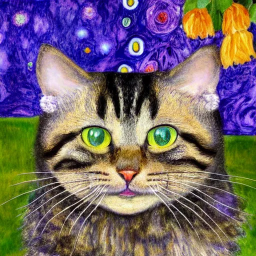 Image similar to portrait of a very fluffy dark tabby cat with green eyes, starlight, full body, smiling cat, golden colors, flowers, canned cat food, intricate, elegant, highly detailed, smooth, sharp focus, illustration, art by gustav klimt