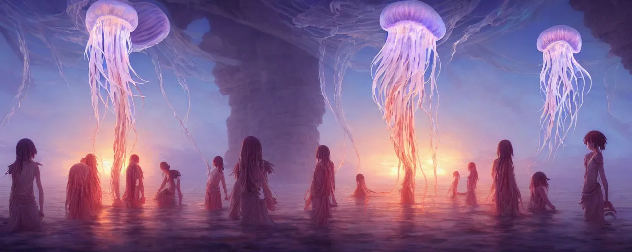 Image similar to A painting of priestesses worshipping at the jellyfish temple, shrouded in mist, jellyfish god, 8K, illustration, art by artgerm and Makoto Shinkai and Hitoshi Ashinano, smoke, cinematic, insanely detailed and intricate, hypermaximalist, elegant, super detailed, award-winning, puce and vermillion, mysterious, ancient, ritual, ethereal, trending in cgsociety, artstation HQ, ornate, elite, haunting, matte painting