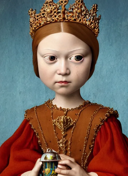 Image similar to closeup medieval jan van eyck face portrait of tin toy greta thunberg as a fairytale princess wearing a crown eating cakes in the castle, bikini, detailed and intricate environment, nicoletta ceccoli, mark ryden, lostfish, hyperrealistic, octane render