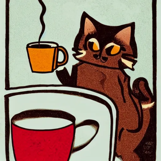 Image similar to a cute cat is drinking coffee. modern printmaking