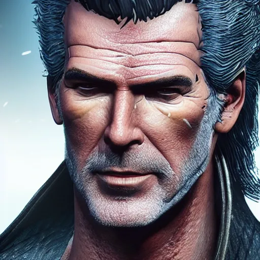 Prompt: Pierce Brosnan in The Witcher 3, highly detailed, high quality, HD, 4k, 8k, Canon 300mm, professional photographer, 40mp, lifelike, top-rated, award winning, realistic, sharp, no blur, edited, corrected, trending