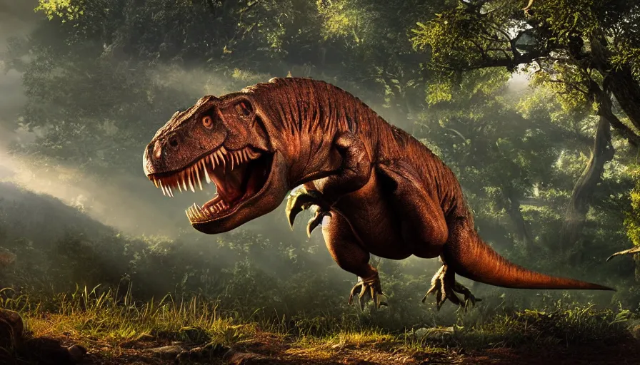 Image similar to hyper realistic highly detailed nature photography of a trex, tyrannosaurus rex, prehistoric planet, volumetric lighting, octane render, 4 k resolution, golden hour