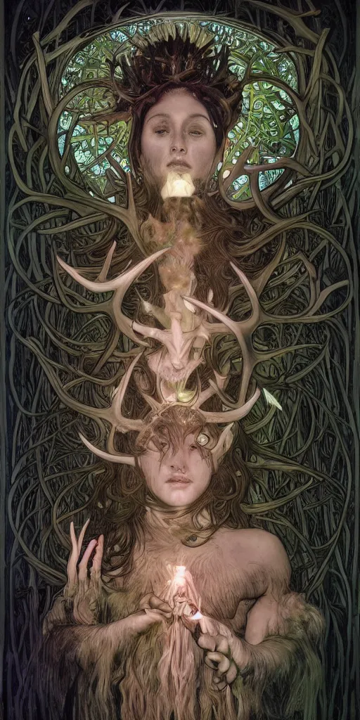 Image similar to intense bioluminescent glowing pagan god with antlers and tusks and pure black eyes in very dark forest by mark ryden and alphonse mucha, portrait, fantasy, clear, light beams, lens flare, intense, uhd, amazing depth, cinematic lighting