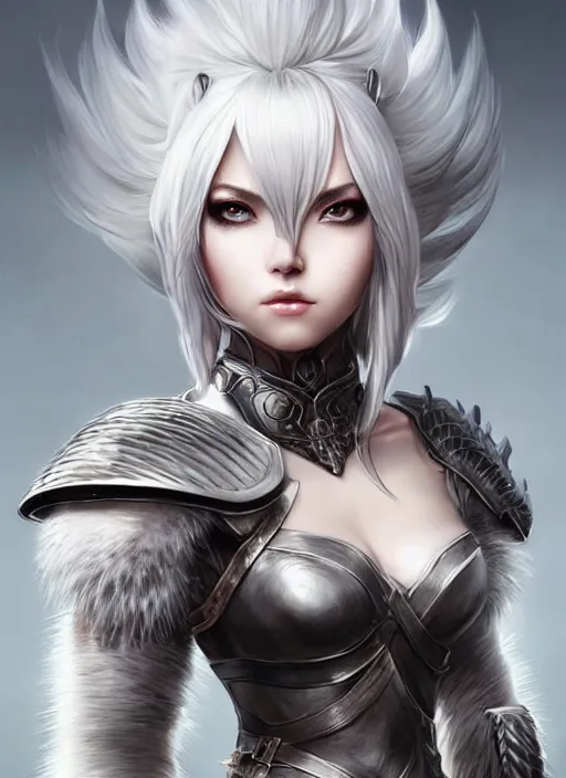 Image similar to warrior, fur leather armor!!! beautiful and elegant white hair female!! gorgeous ayes!! character concept art, sharp focus, octane render! unreal engine 5! highly rendered!! trending on artstation!! detailed linework!! illustration by artgerm, wlop, and chie yoshii