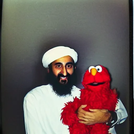 Image similar to polaroid photo of osama bin laden posing with elmo