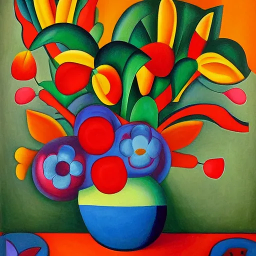 Image similar to a painting of flowers in a vase on a table, an art deco painting by tarsila do amaral, behance, neo - fauvism, fauvism, oil on canvas, acrylic art