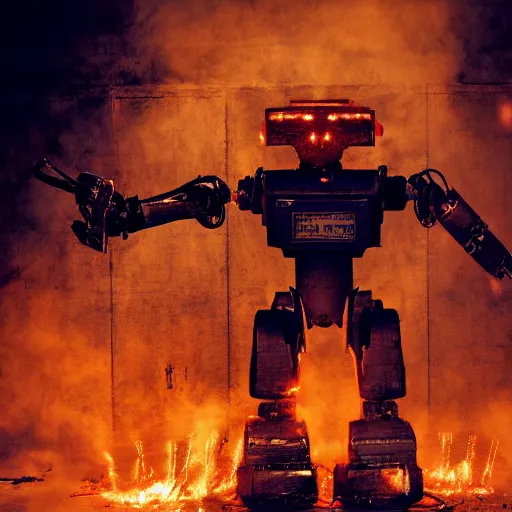 Image similar to toaster oven terminator robot, dark messy smoke - filled cluttered workshop, dark, dramatic lighting, orange tint, sparks, cinematic, highly detailed, sci - fi, futuristic, movie still