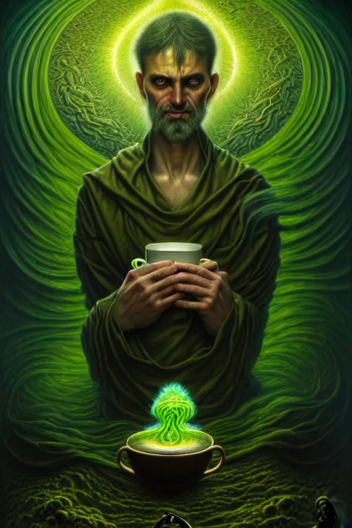 Image similar to The Manager, tarot card, by tomasz alen kopera and Justin Gerard, computer keyboard, email, coffee cup, numerical, symmetrical features, ominous, magical realism, texture, intricate, ornate, royally decorated, whirling green smoke, embers, radiant colors, fantasy, trending on artstation, volumetric lighting, micro details, 3d sculpture, ray tracing, 8k, anaglyph effect