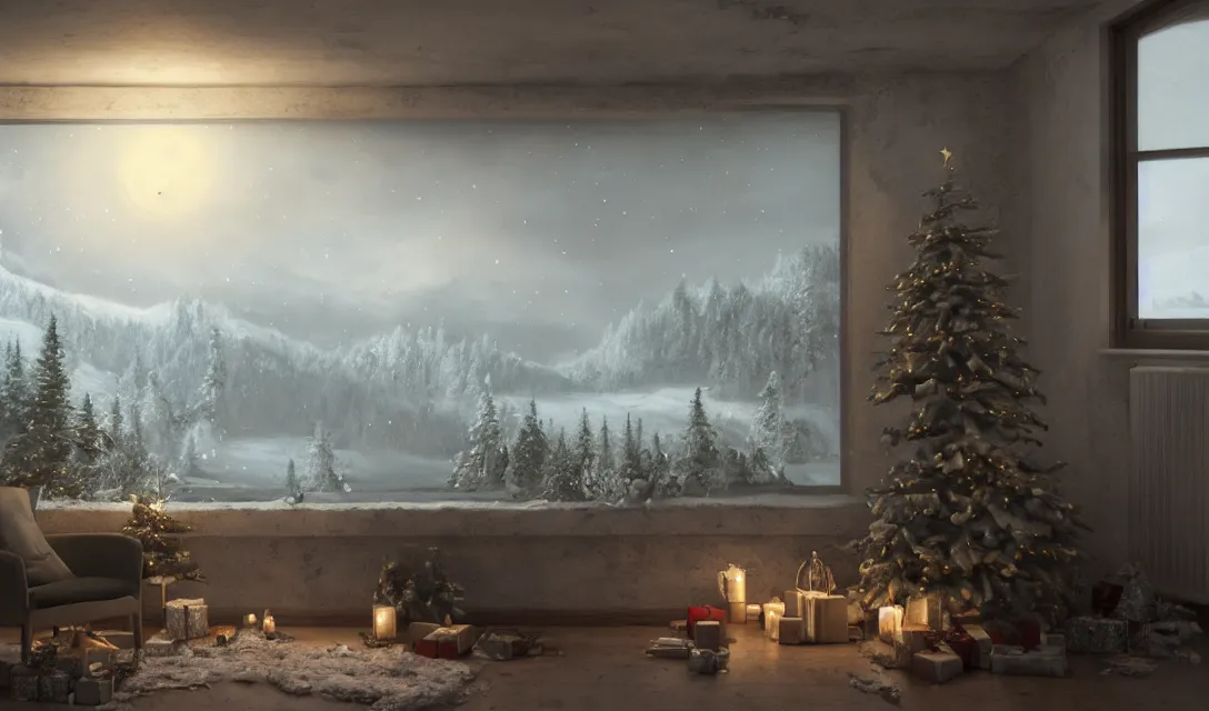 Image similar to a christmas eve photorealistic landscape painting on the wall, ascher clemens, home, interior, octane render, deviantart, greg rutkowski, cinematic, key art, hyperrealism, canon eos c 3 0 0, ƒ 1. 8, 3 5 mm, 8 k, medium - format print