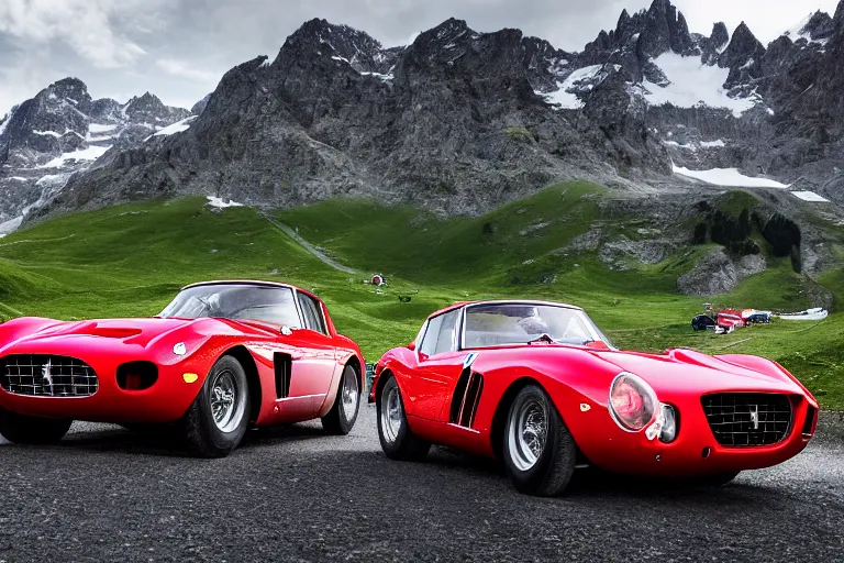 Prompt: car photography of Ferrari 250 GTO series 2 in the Swiss Alps by Emmanuel Lubezki