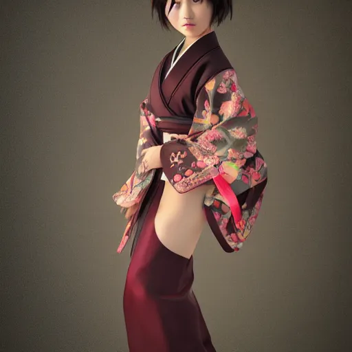 Image similar to Japanese Emma Bernache wearing kimono, realistic, photo studio, HDR, 8k, trending on artstation