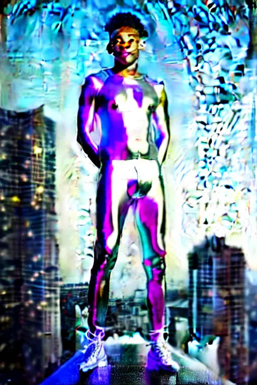 Image similar to un ultra high definition studio quality photographic art portrait of a young man standing on the rooftop of a british apartment building wearing soft baggy inflatable padded silver iridescent pearlescent clothing. three point light. extremely detailed. golden ratio, ray tracing, volumetric light, shallow depth of field. set dressed.