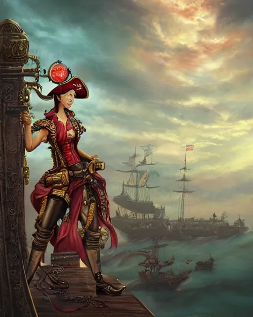 Prompt: a beautiful 2D illustration of a young female steampunk pirate wearing leather armor on gold and red trimmings on green, very cool pose, pirate ship with an epic sky background, slightly smiling, by Charlie Bowater Annie Leibovitz, zhuoxin ye, cinematic lighting and composition, fantasy painting, very detailed, ornate, trending on artstation and pinterest, deviantart, google images