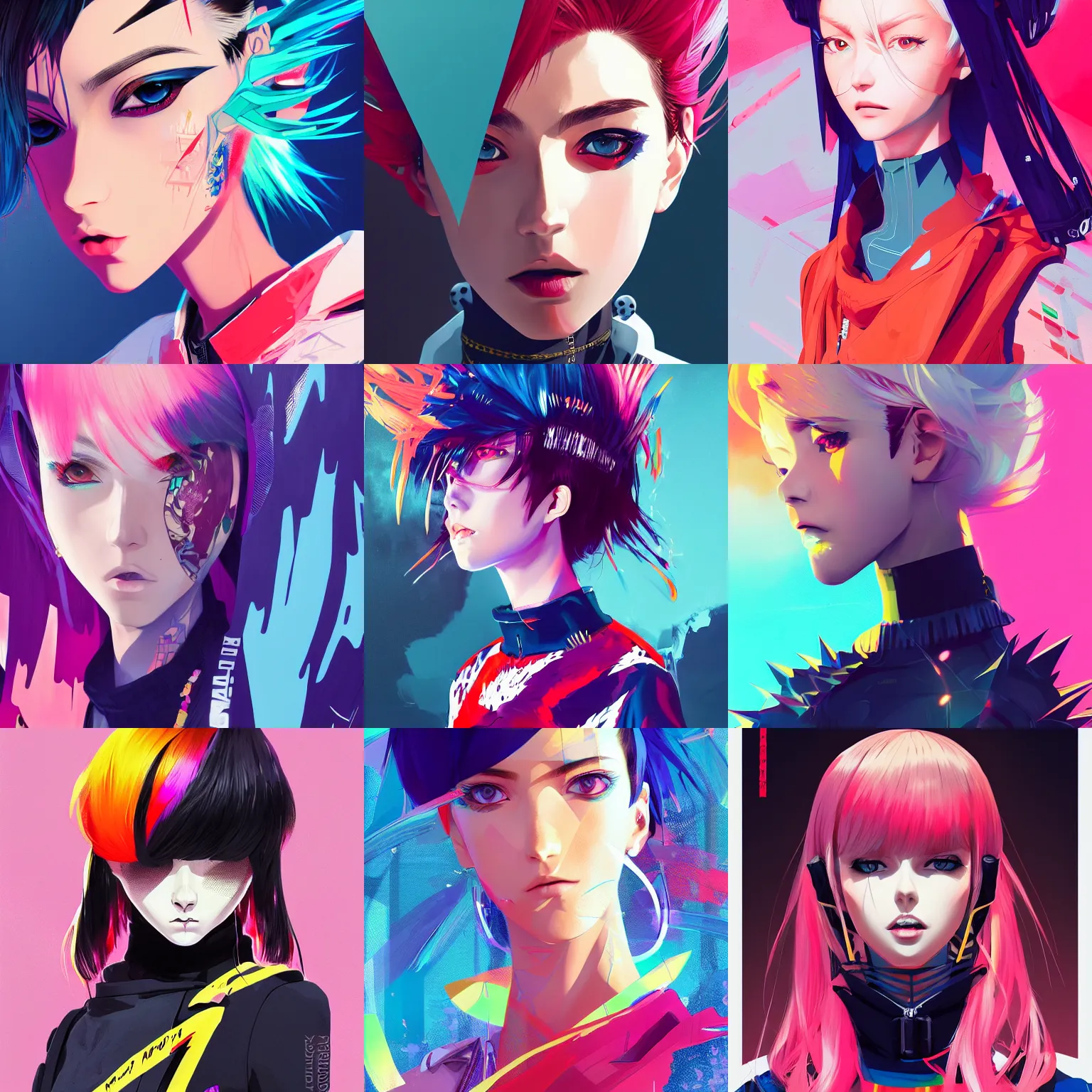 Prompt: poster woman with futuristic streetwear and spiky hair, colourful, pretty face, intricate eyes, elegant, Anime by Kuvshinov Ilya, Cushart Krentz and Gilleard James, 4k, HDR, Graphic Design, illustration, Behance Trending on artstation, award winning