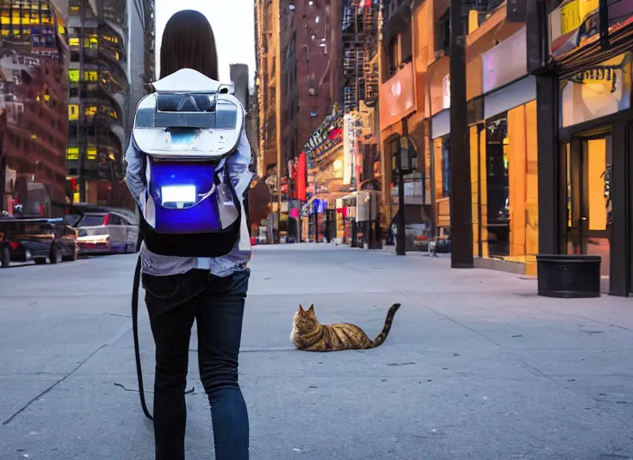 Image similar to photography of a Cat being carried in an half open backpack . in a new york street. award winning photo, led lighting, night, 130mm, sharp, high res