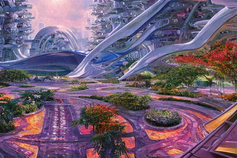 Prompt: oil painting, super - detailed scene of utopian floating zaha hadid city, cyberpunk garden, solarpunk, bioluminescent cyber - garden, japanese sci - fi books art, artwork by jean giraud, hd, 4 k, high quality