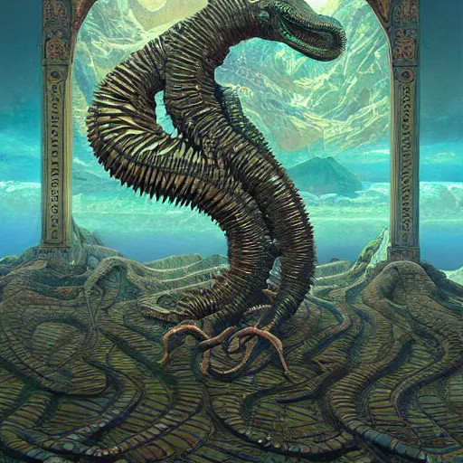 Image similar to desert river serpentine crinoid monster with reptilian iridescent tile scales, maximalist art nouveau, cgsociety, artstation by gustave dore and tyler edlin