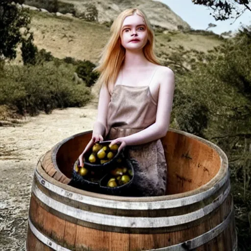 Image similar to Elle Fanning emerges from a barrel filled with olives in oil