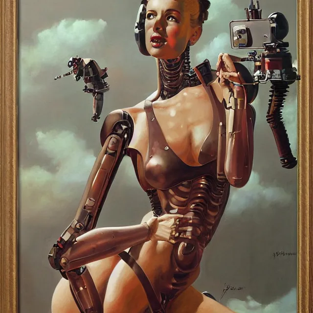 Image similar to robot artist painting a self - portrait on a canvas. detailed digital matte painting in the style of gil elvgren and in the style of wayne barlowe. irony, recursion, inspiration.
