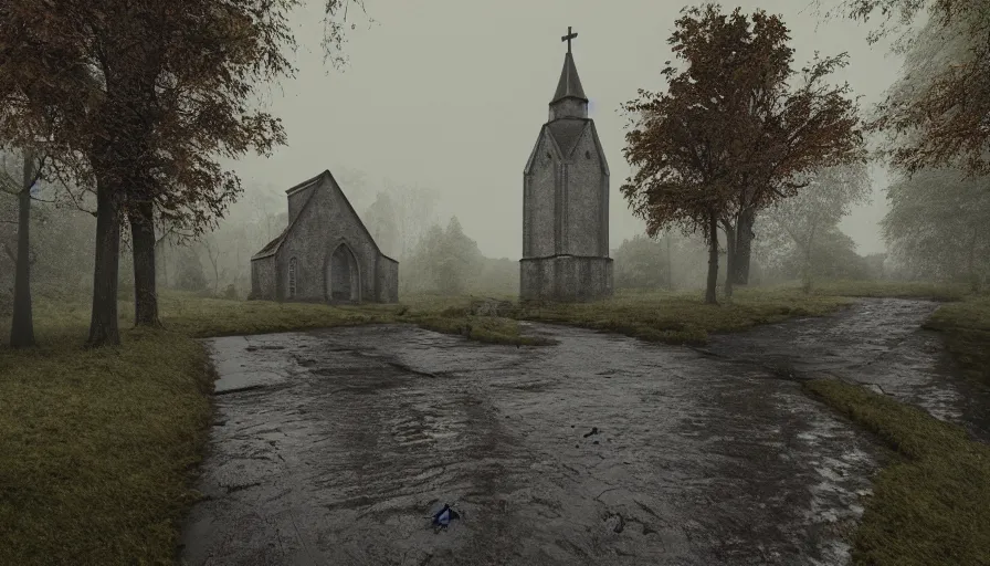 Prompt: church built in an english village, rainy day, rusty cross, muddy road, forest, grey sky, hyperdetailed, artstation, cgsociety, 8 k