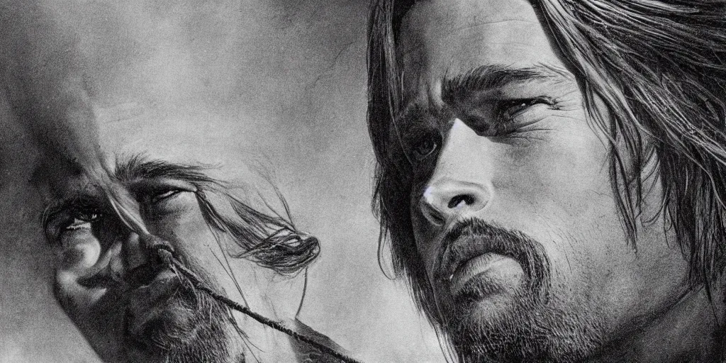 Prompt: Cinematic concept Art for film directed by Terrence Malick close up of a man (Brad Pitt) face as he struggles to pull on rope, dynamic angle, in the style of Gustave Doré