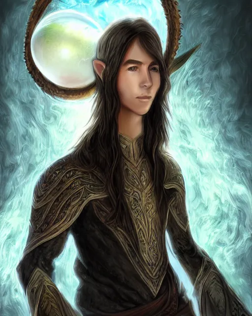 Image similar to portrait of elven teenage boy mage with long black hair holding dragon egg digital painting modern fantasy highly detailed