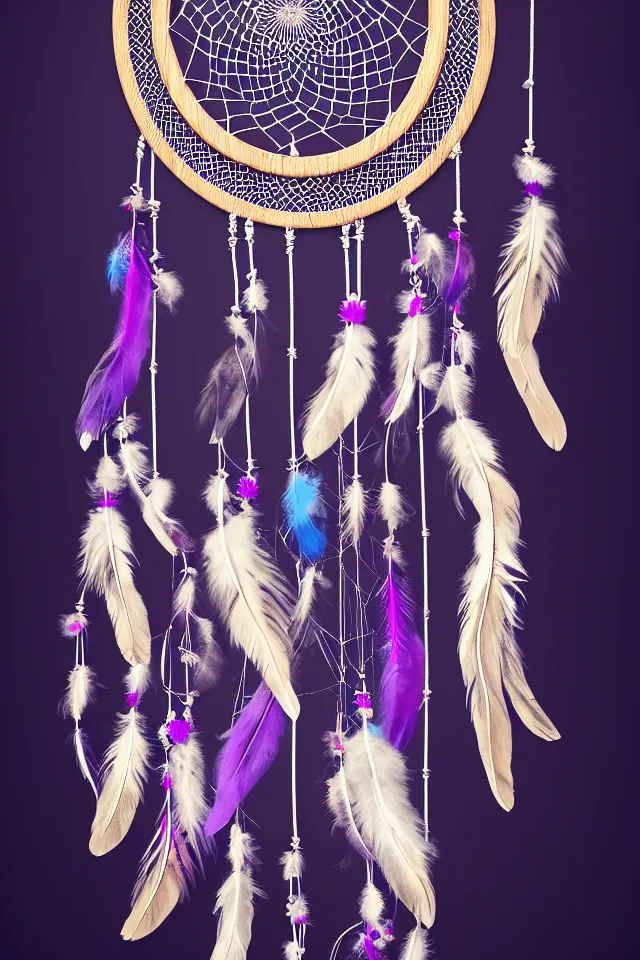 Image similar to a beautiful and intricate dreamcatcher made from bone and gnarled wood and blue and purple feathers, twisting, twirling, loops, hexagonal shapes, concept art, highly detailed, realistic, ornate, fine detail, 4k, octane render, vray, unreal engine