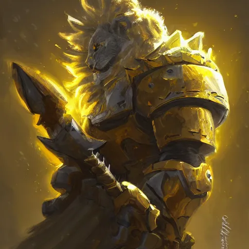 Image similar to yellow heavy armored knight with the head of a lion, lion head, epic fantasy style, in the style of Greg Rutkowski, hearthstone artwork