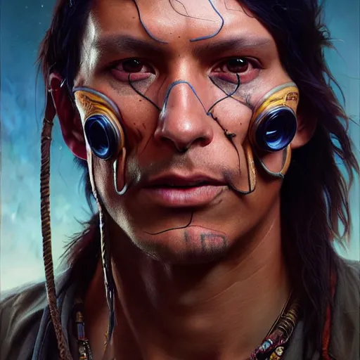 Image similar to portrait painting of a cyberpunk decker native american man, ultra realistic, concept art, intricate details, eerie, highly detailed, photorealistic, octane render, 8 k, unreal engine. art by artgerm and greg rutkowski and charlie bowater and magali villeneuve and alphonse mucha