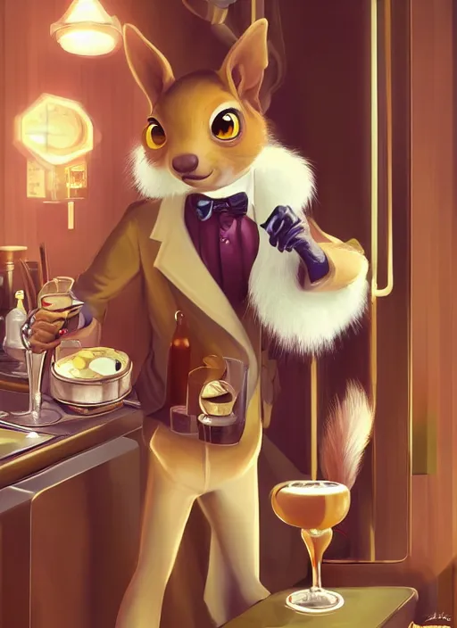 Prompt: squirrel anthro as a dapper bartender with a big fluffy tail, retro futurism, art deco, detailed painterly digital art by WLOP, 🐿🍸🍋, furaffinity, trending on artstation