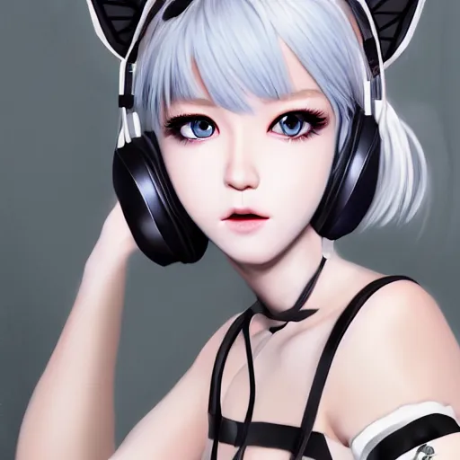 Image similar to realistic teasing detailed semirealism beautiful gorgeous cute Blackpink Lalisa Manoban white hair white cat ears blue eyes, wearing black camisole outfit, headphones, black leather choker full HD 4K high resolution quality WLOP, Aztodio, Taejune Kim, Guweiz, Pixiv, Instagram, Artstation