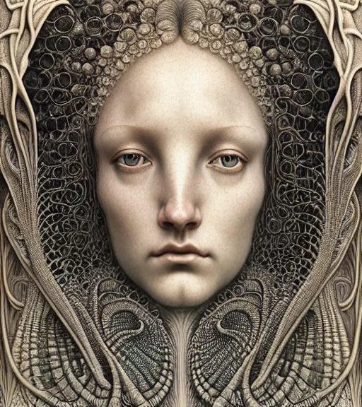 Image similar to detailed realistic beautiful beach goddess face portrait by jean delville, gustave dore, iris van herpen and marco mazzoni, art forms of nature by ernst haeckel, art nouveau, symbolist, visionary, gothic, neo - gothic, pre - raphaelite, fractal lace, intricate alien botanicals, ai biodiversity, surreality, hyperdetailed ultrasharp octane render
