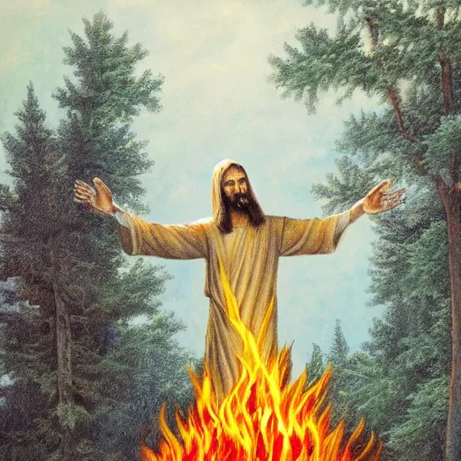 Image similar to a tree on fire with jesus standing infront of it, highly detailed,
