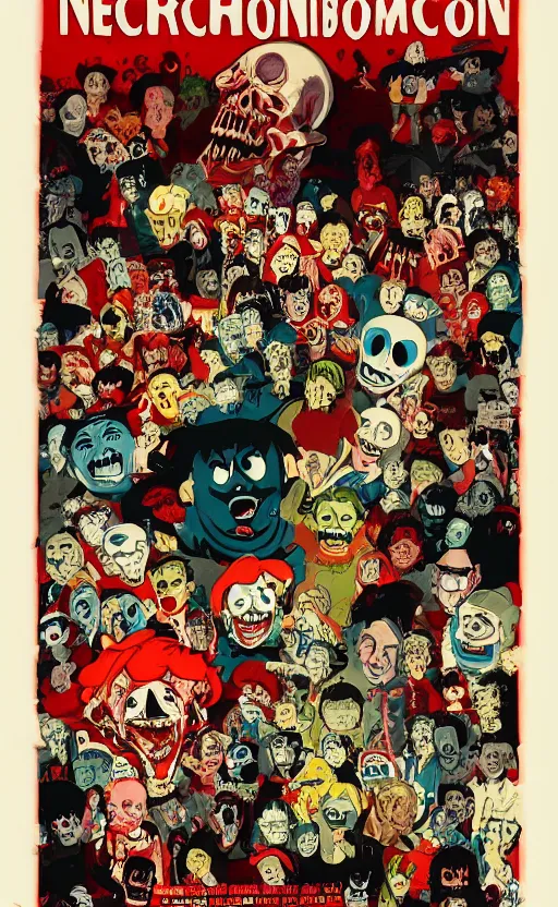 Image similar to cursed with necronomicon horrorcore cel animation poster depicting gory waldo eating the deceased power puff girls, intricate faces, metropolis, 1 9 5 0 s movie poster, post - processing, vector art