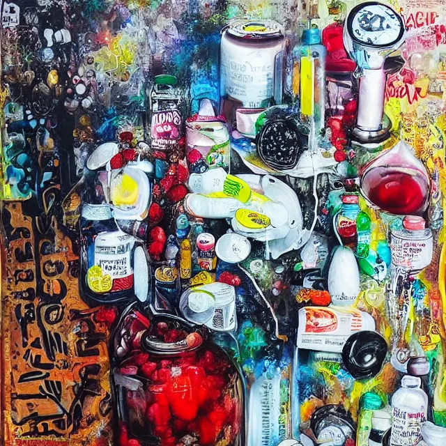 Image similar to “ pharmacy, street hawkers, medical supplies, pills and medicine, medicinal herbs, a candle dripping white wax, squashed berries, berry juice drips, acrylic and spray paint and oilstick on canvas, surrealism, neoexpressionism ”