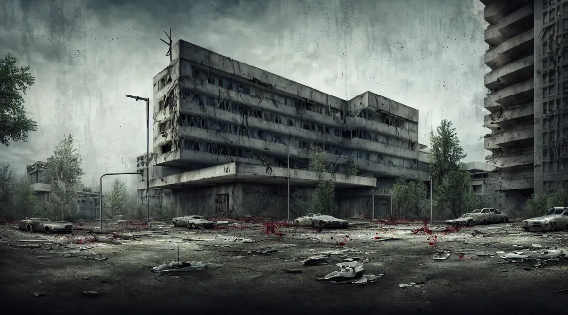 Prompt: post apocalyptic hospital building, featuring a big grey alien walking, morning, building, avenue, modern contemporary urban americana concrete architecture, by pascal blanche, neil blevins, apocalyptic color palette, trending on artstation, photorealistic, wilderness ambiance, ultra detailed, high definition, depth of field, bokeh, rubble, wild vegetation, blood stains, building crumbling