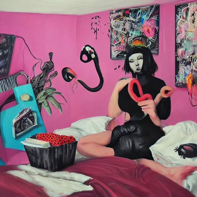 Image similar to a portrait in a female artist's bedroom, black walls, emo girl riding an inflatable flamingo, sheet music, berries, surgical supplies, pancakes, black flowers, sensual, octopus, neo - expressionism, surrealism, acrylic and spray paint and oilstick on canvas