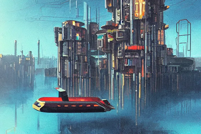 Prompt: Klementinum National Library. Floating gondola. in cyberpunk style by Vincent Di Fate