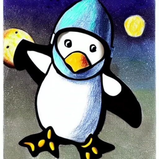 Image similar to cute drawing of a penguin on an astronaut suit, helmet on, floating on space, cartoon disney style, solid color