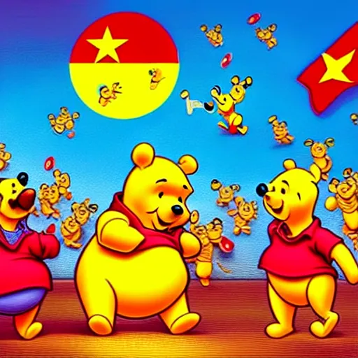 Image similar to xi jinping winnie the pooh in the style of cuban communist propaganda poster art in the year 1 9 8 7 ultra realistic, concept art, intricate details, highly detailed, photorealistic, octane render, 8 k, unreal engine. art by artgerm and magali villeneuve