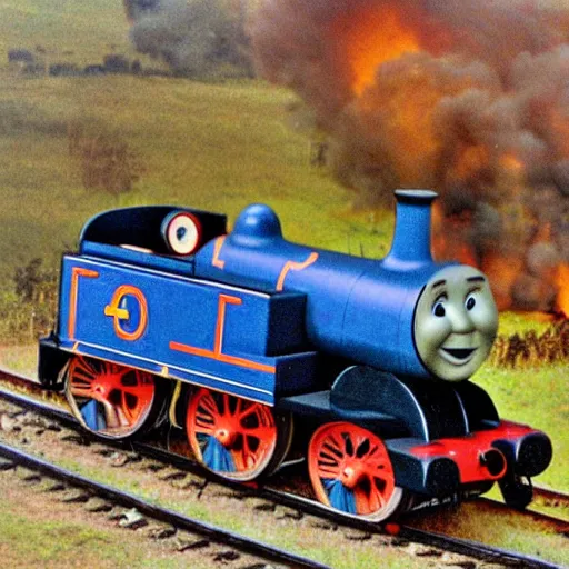 Image similar to german world war two artillery train with thomas the tank engine's face, old worn photograph