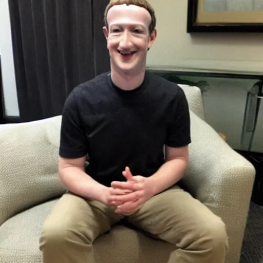 Prompt: mark zuckerberg sitting on a green sofa showing off a ziplock full of weed, blurry, low res