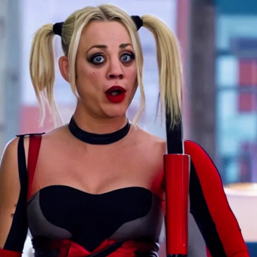 Image similar to A still of Kaley Cuoco as Harley Quinn